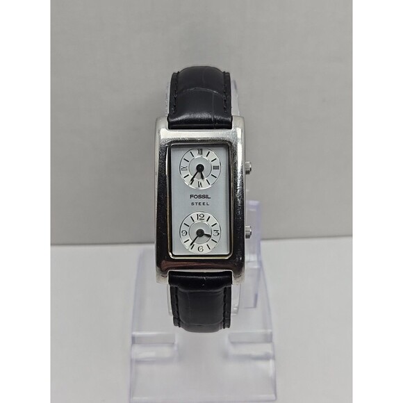 Fossil Steel Dual Time Tank 23mm Watch Silver Black Leather Quartz New Battery - Picture 1 of 13
